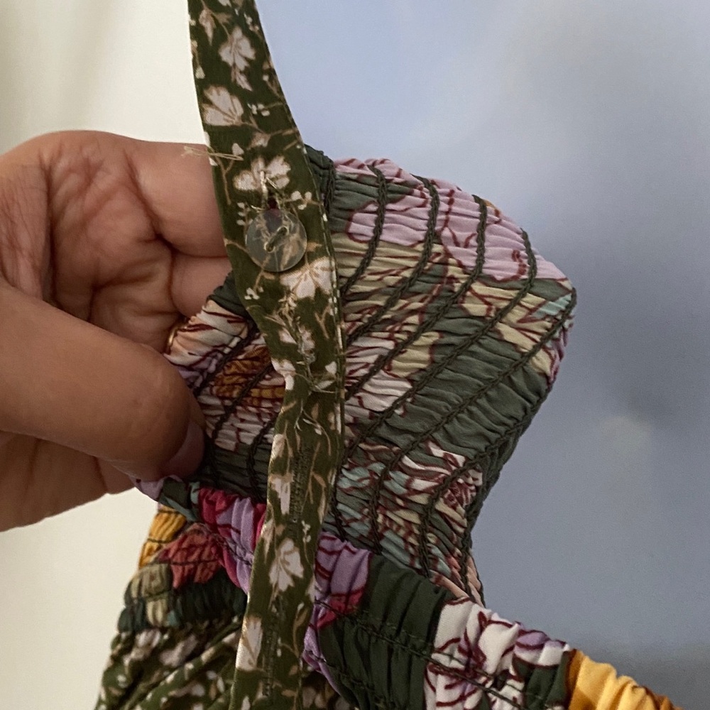 Olive Green Floral Maxi Dress with Tiered Skirt - Picture 9 of 11